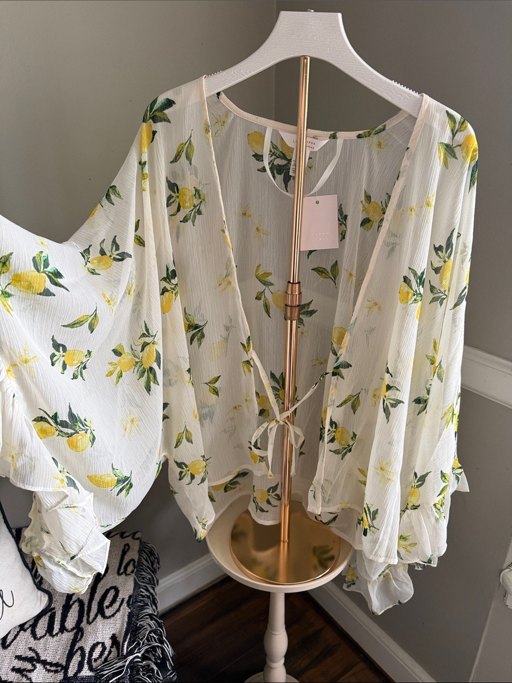 LC Lauren Conrad White Lemon-Print Tie-Front Sheer Tunic
